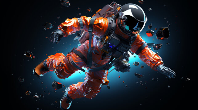 3D neon polygon image of astronaut floating in space on black background