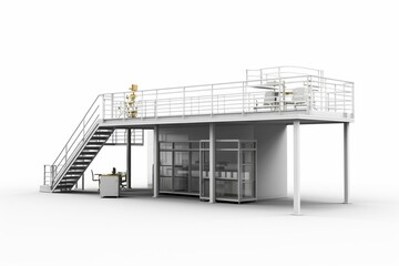 A white isolated mezzanine with temporary design and stairs for warehouse or factory. Includes 3D equipment. Generative AI - obrazy, fototapety, plakaty