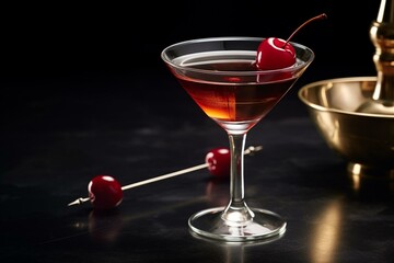 Classic Manhattan drink garnished with a cherry on a sleek gray stone. Generative AI