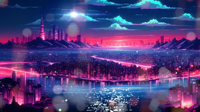 Night cityscape animation background. Metropolis landscape with sea seamless loop repeat 4k animation