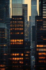 the dark city of skyscrapers at sunset is reflected in the glass facade of the skyscraper. AI generation 