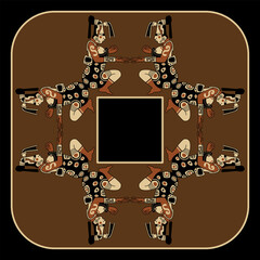 Geometrical rectangular ethnic ornament or frame with seated indigenous Mayan men or women. Native American art of Maya Indians. Mexico or Guatemala. 