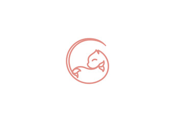 logo sleeping cat and leafs in circle frame. line logo, minimalist, feminism, editable color.