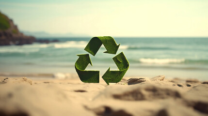 Green recycle symbol or eco sign on the beach and blurred sea background, sustainability and protect enviornment concept. - obrazy, fototapety, plakaty