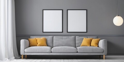 Minimal room with a gray sofa, posters, and empty frames decoration. Mockup frame concept.