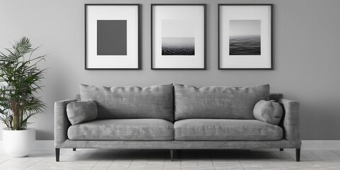 Minimal room with a gray sofa, posters, and empty frames decoration. Mockup frame concept.