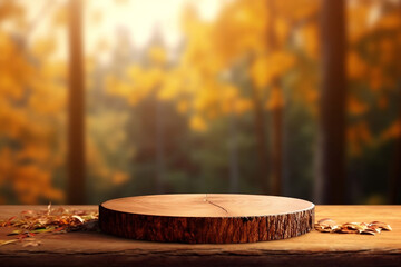 Product display or wooden table and blurred autumn forest with colorful leaves landscape, autumn background layout.