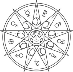 Esoteric sun and astrology symbol. Moon cycle sign