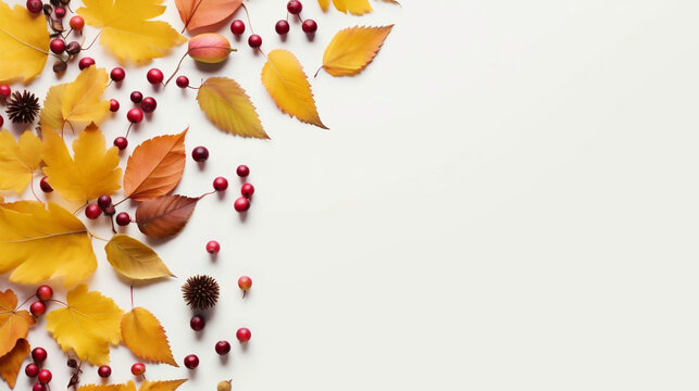Golden yellow autumn leaves, red berries and chestnuts, top view, beautiful autumn leaves as a frame on white backdrop autumn background. Generative AI