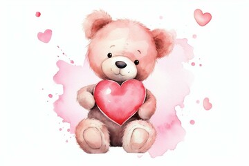 Cute teddy bear with pink heart, perfect for valentine's or birthday card. Made using watercolors. Generative AI
