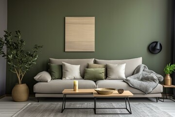 A stylish green wall, a modern gray sofa, a coffee table, a dark ornament, and attractive personal accessories in the living room. Comfy pillow in neutral beige. Generative AI