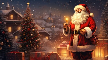 Santa claus holding gift box for give childs in the night background. Generative Ai