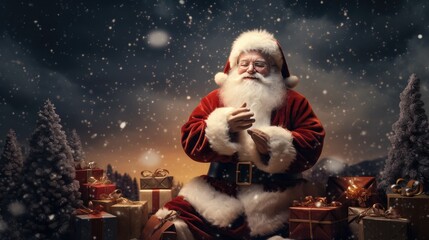 Obraz premium Santa claus holding gift box for give childs in the night background. Generative Ai
