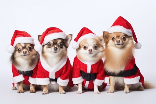 Group shot of dogs wearing red santa costume sitting on white background. Generative Ai