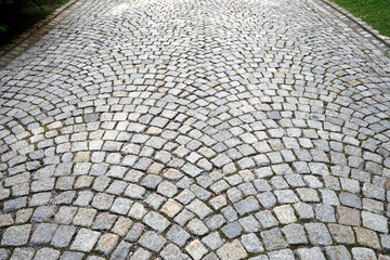 Part of a traditional cobbled street in Europe.