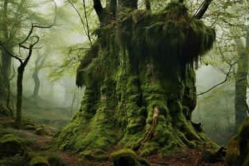An ancient tree trunk with nests covered in moss in a historic Auvergne forest. Generative AI