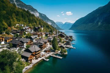 Aerial view of Hallstatt, Austria town with a lake in summer. Generative AI
