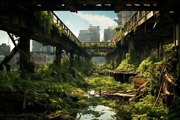 Desolate landscape of decayed structures with flourishing foliage and remnants of a once bustling cityscape. Generative AI