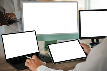 Laptop with blank screen on table. Workspace background new project on laptop computer with blank copy space screen for your advertising text message