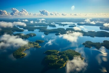 A breathtaking aerial view of clouds and lush islands in Masuria. Poland's beautiful Masurian Lake District. Generative AI - obrazy, fototapety, plakaty