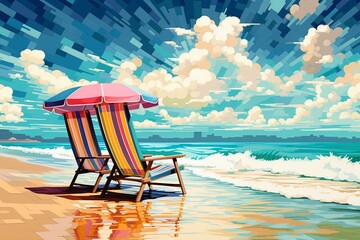 Pixelated beach artwork. Generative AI