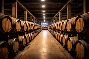 Storage of wine barrels in a vault, including cognac, wine, and whiskey barrels. Wooden oak barrels in an alcohol warehouse. Generative AI