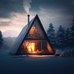 Photo of beautiful triangular house glamping resort in winter snow forest - 644301393