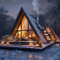 Photo of beautiful triangular house glamping resort in winter snow forest - 644301513