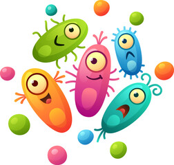 Cartoon microbes. Funny colorful germs with comic faces