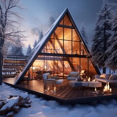 Photo of beautiful triangular house glamping resort in winter snow forest - 644301531
