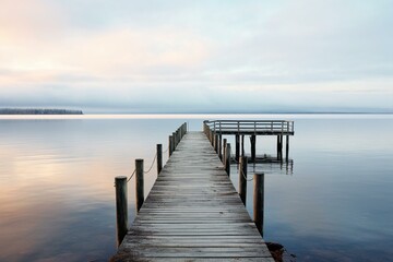 Fototapeta na wymiar A wooden pier extends into the calm waters of a lakeshore. Generative AI