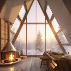 Photo of the beautiful, stylish, lightful and cosy indoor interior of triangular house glamping resort in winter snow forest - 644301561