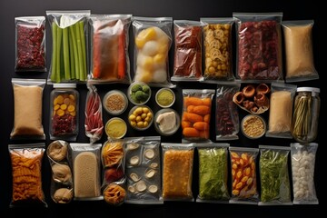 Assorted vacuum-sealed food items neatly arranged on a table from a top-down perspective. Generative AI