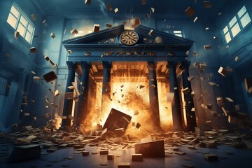 Tragic bank incident due to vault explosion causing severe financial downfall. Generative AI - obrazy, fototapety, plakaty