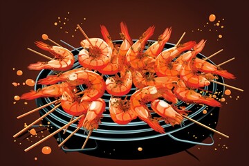 Illustration of shrimp skewered and cooked over a grill. Generative AI