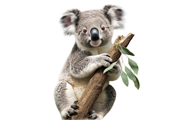 Koala perched on a eucalyptus tree branch transparent isolated on white background cutout. PNG file ,artwork graphic design ,Generative AI - obrazy, fototapety, plakaty
