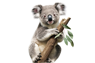 Koala perched on a eucalyptus tree branch transparent isolated on white background cutout. PNG file ,artwork graphic design ,Generative AI