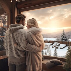 Photo of lovers embracing man and women in the winter glamping house on vacation - 644302362