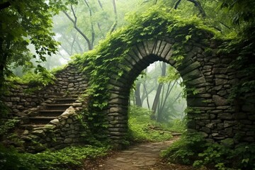 Stone archway covered in ivy, inviting into a foggy forest. Generative AI