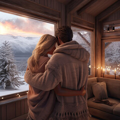 Photo of lovers embracing man and women in the winter glamping house on vacation - 644302536