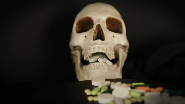 Drug, many pills and tablets poured into an open mouth human skull on blurred dark background. Lethal combination. Camera movement drugs and tablets. Medical error, vomited.