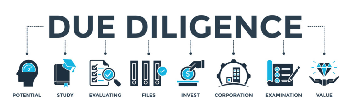 Due diligence banner web icon vector illustration concept with icon of potential, study, evaluating, files, invest, corporation, examination and value