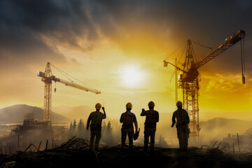 Fototapeta na wymiar Silhouette of an engineering team working on the construction site at sunset
