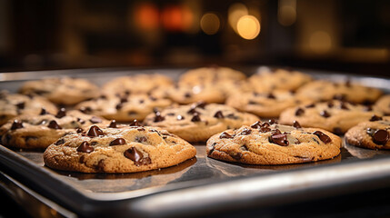 cookies on tray in the kitchen with blur background. close up and selective focus