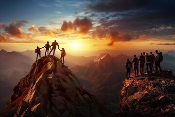 A group of friends bonding together in success, arm in arm at a mountain's peak, generative AI - obrazy, fototapety, plakaty