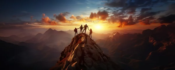 Foto op Plexiglas A group of friends bonding together in success, arm in arm at a mountain's peak, generative AI © Thumbs