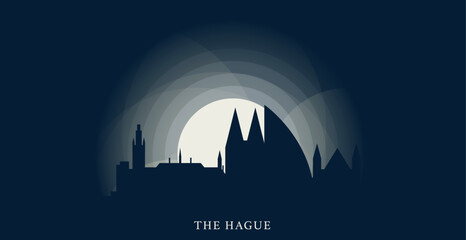 Netherlands The Hague cityscape skyline city panorama vector flat modern web banner, header. South Holland region emblem idea with landmarks and building silhouettes at sunrise sunset night