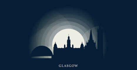 UK Scotland Glasgow cityscape skyline capital city panorama vector flat modern banner, header. United Kingdom West Central emblem idea with landmarks and building silhouettes at sunset sunrise night