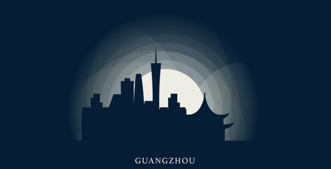 China Guangzhou cityscape skyline city panorama vector flat modern web banner, header. Asian region emblem idea with landmarks and building silhouettes at sunrise sunset night