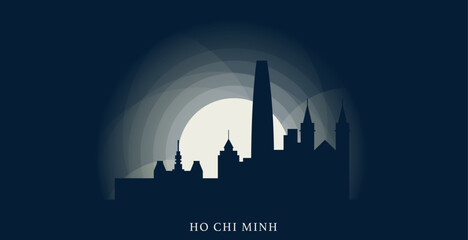 Vietnam Ho Chi Minh City cityscape skyline panorama vector flat modern banner illustration. Asian region emblem idea with landmarks and building silhouettes at sunrise sunset night